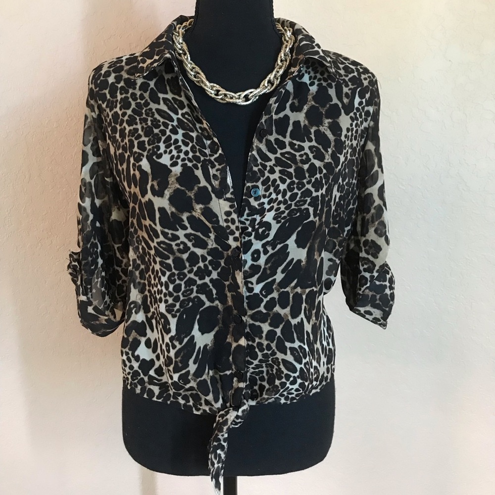 Leopard print button down tie blouse. Size medium